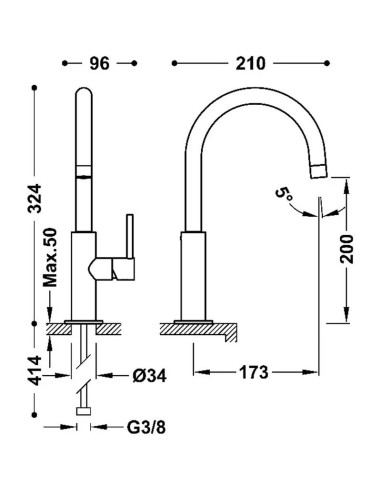 MITIGEUR HAUT AVEC MANETTE LATERALE POUR LAVABO -STUDY-TRES