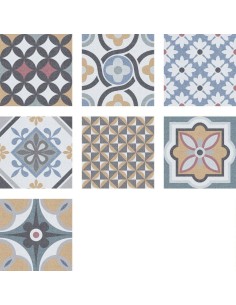 Santiago Patchwork Mayólica -un carrelage décoratif au style patchwork inspiré des faïences traditionnelles.