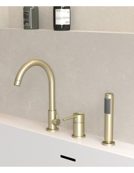 Mitigeur de bain sur plage 3 trous Corbeau Doré Brossé KROOS Robinetterie Design.