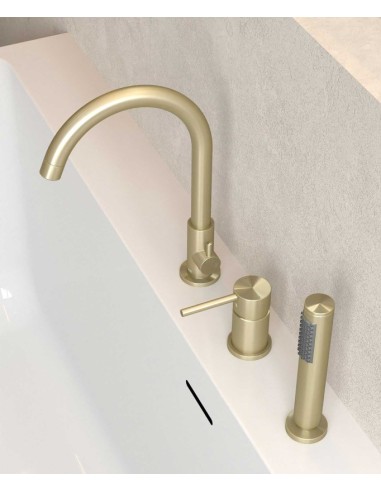 Mitigeur de bain sur plage 3 trous Corbeau Doré Brossé KROOS Robinetterie Design.
