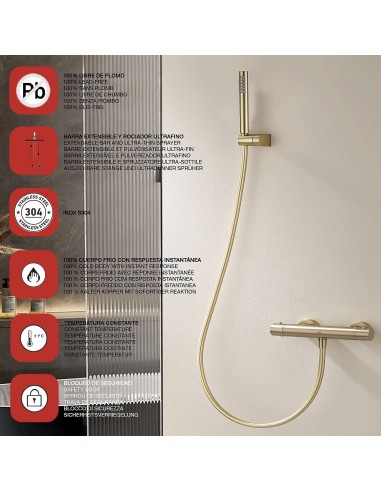 Mitigeur de douche thermostatique or brossé Supreme Sky Bath / Sécurité et Design