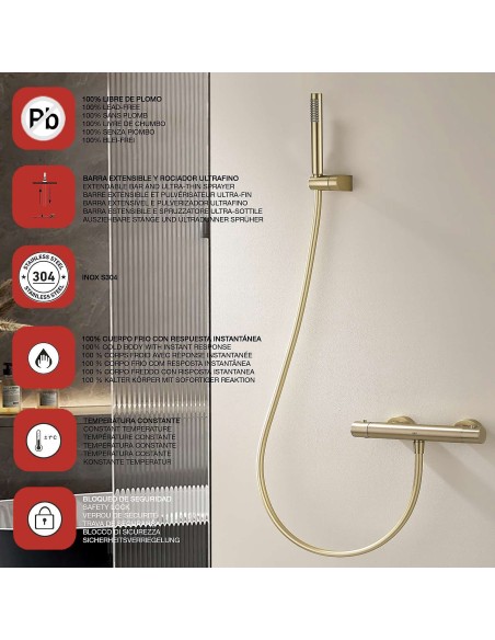 Mitigeur de douche thermostatique or brossé Supreme Sky Bath / Sécurité et Design
