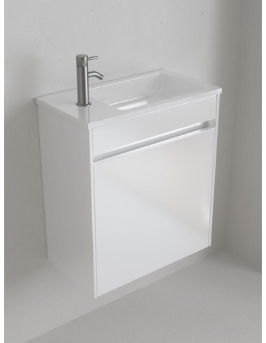 Ensemble meuble MINI 45x25x50 1 porte réversible Blanc Brillant + Lavabo en céramique réversible