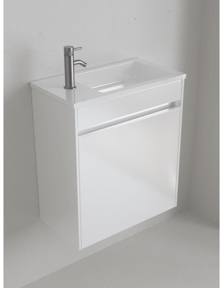 Ensemble meuble MINI 45x25x50 1 porte réversible Blanc Brillant + Lavabo en céramique réversible