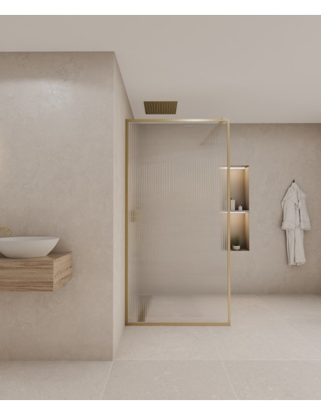 Sintra - Paroi de douche fixe en verre cannelé, cadre doré brossé- 100 cm