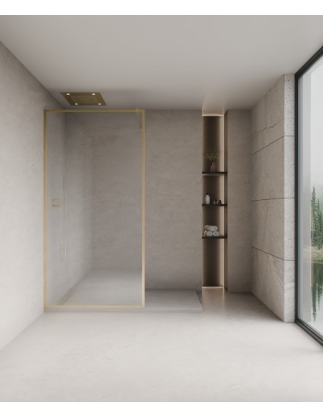 Evora - Paroi de douche fixe en verre transparent, cadre doré brossé - 130 cm