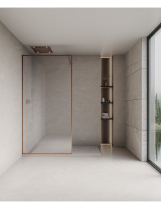 Evora - Paroi de douche fixe en verre transparent, cadre or rose brossé - 70 cm