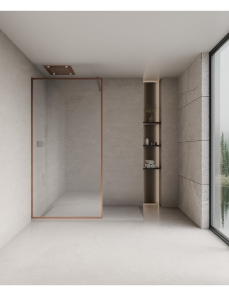 Evora - Paroi de douche fixe en verre transparent, cadre or rose brossé - 80 cm