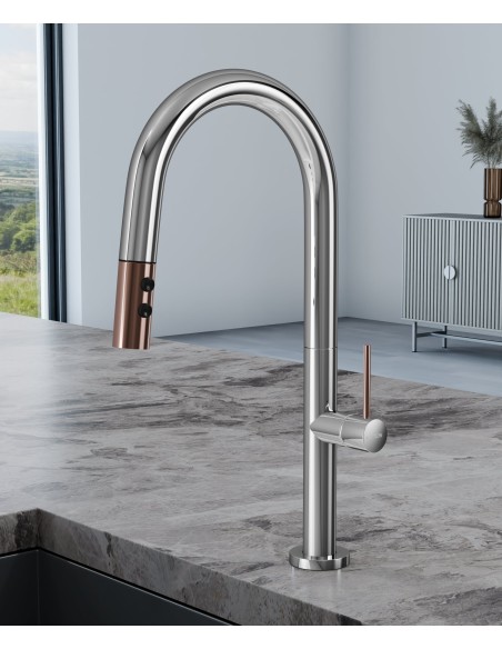 Mitigeur évier moderne avec douchette extractible - Chromé et Or rose