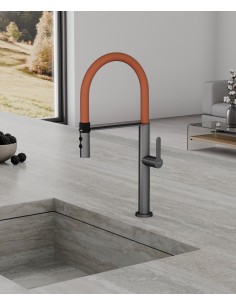 Mitigeur d'évier haut avec douchette - Gun métal et orange
