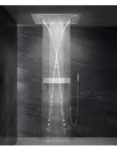 Composition de douche thermostatique avec ciel de pluie LED et chromothérapie 80x60 cm - Chromé