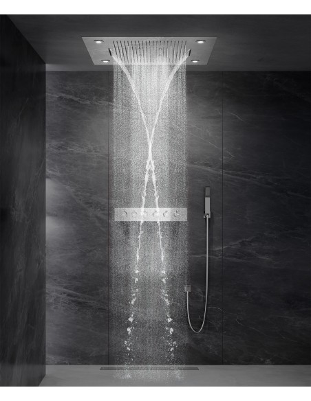 Composition de douche thermostatique avec ciel de pluie LED et chromothérapie 80x60 cm - Chromé
