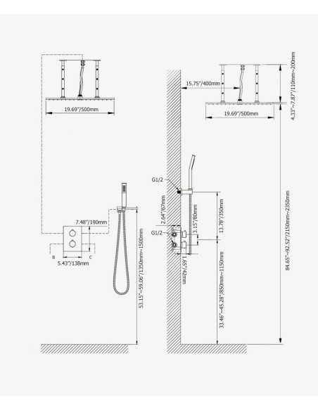 Système de douche thermostatique encastré au plafond - Chromé