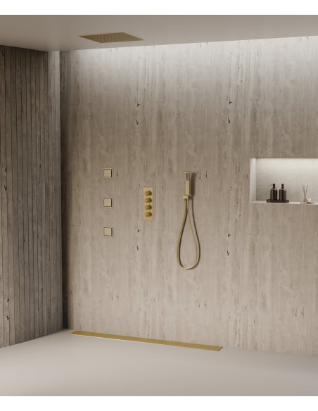 Ciel de douche thermostatique encastré au plafond 500 mm, 3 jets de corps Doré brossé - Sirius