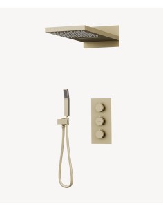 Colonne de douche encastrable thermostatique avec pommeau double fonction pluie et cascade Doré brossé - Sirius