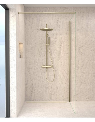 Colonne de douche thermostatique doré brossé, pommeau pluie et support douchette réglable - Corbeau