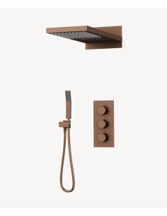 Colonne de douche encastrable thermostatique avec pommeau double fonction pluie et cascade Or rose brossé -  Sirius