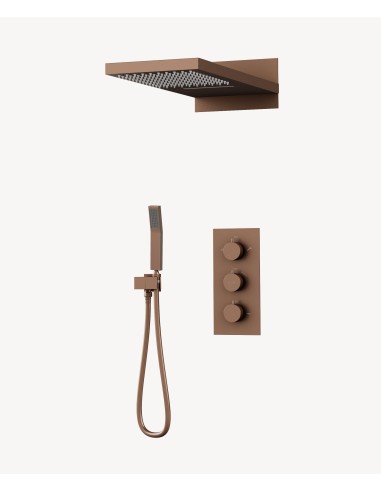 Colonne de douche encastrable thermostatique avec pommeau double fonction pluie et cascade Or rose brossé -  Sirius