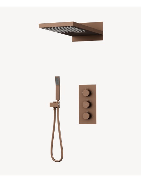 Colonne de douche encastrable thermostatique avec pommeau double fonction pluie et cascade Or rose brossé -  Sirius