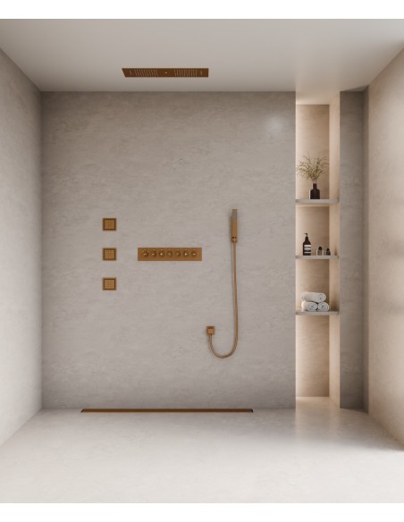 Ensemble douche thermostatique moderne Or rose brossé - Ciel de pluie LED 900x300 mm, 3 jets de corps