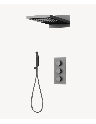 Colonne de douche encastrable thermostatique avec pommeau double fonction pluie et cascade Gun métal - Sirius