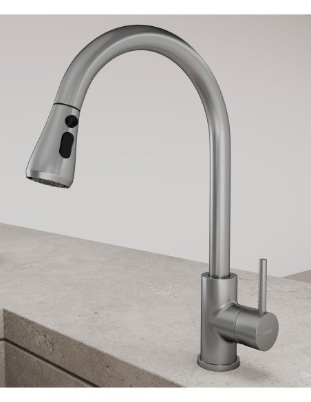 Robinet mitigeur de cuisine avec douchette extractible - Nickel brossé