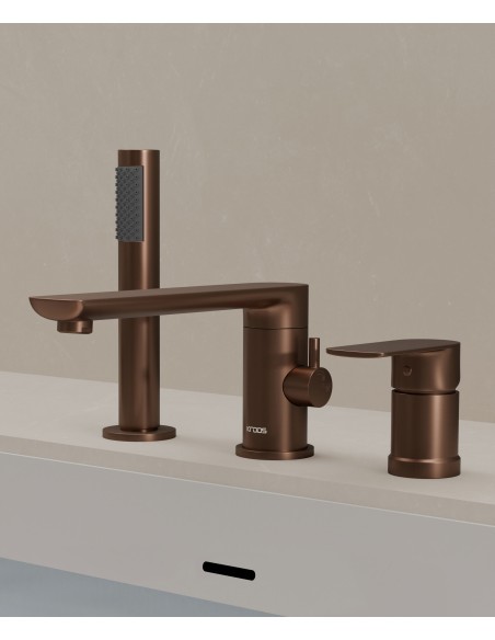 Robinet mitigeur bain-douche 3 trous sur plage Or rose brossé - Nunki