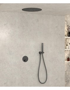 Pack douche thermostatique avec pommeau encastré rond - Gun métal