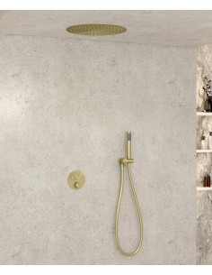 Pack douche thermostatique avec pommeau encastré rond - Doré brossé