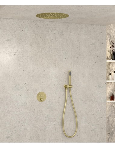 Pack douche thermostatique avec pommeau encastré rond - Doré brossé