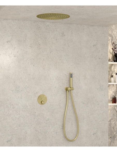 Pack douche thermostatique avec pommeau encastré rond - Doré brossé