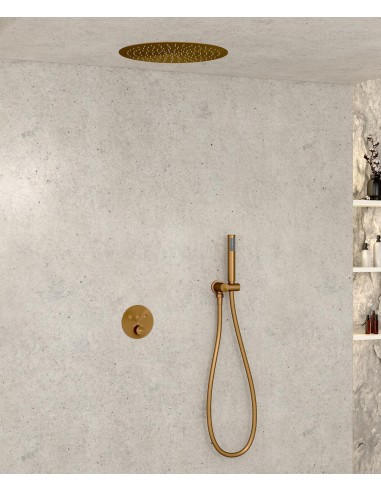 Pack douche thermostatique avec pommeau encastré rond - Or rose brossé