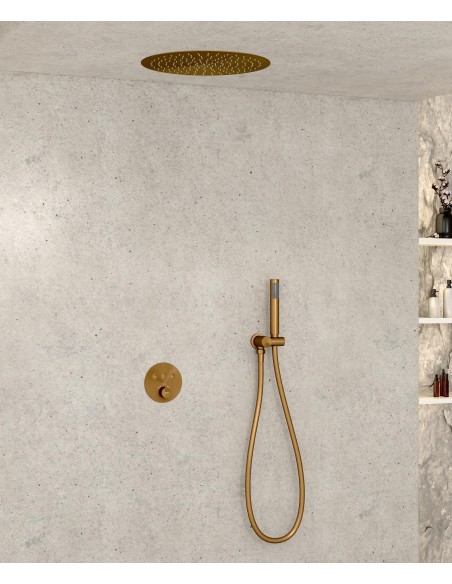 Pack douche thermostatique avec pommeau encastré rond - Or rose brossé