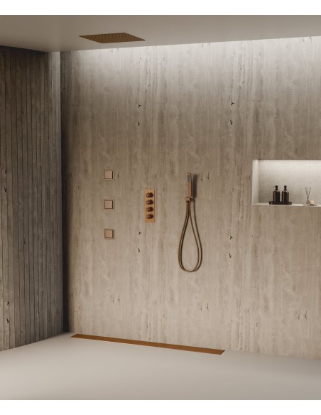Ciel de douche thermostatique encastré au plafond 500 mm, 3 jets de corps Or rose brossé - Sirius