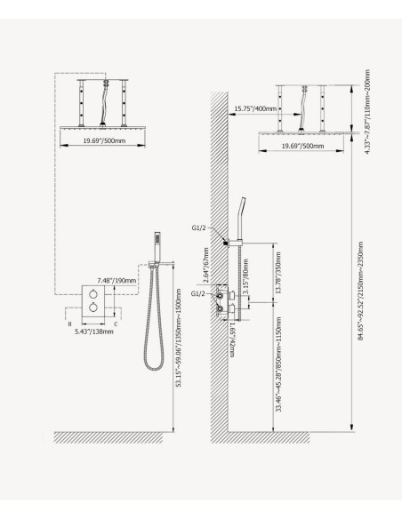 Système de douche thermostatique encastré au plafond - Nickel brossé