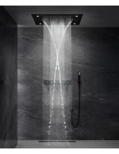Composition de douche thermostatique avec ciel de pluie LED et chromothérapie - 80x60 cm - Noir
