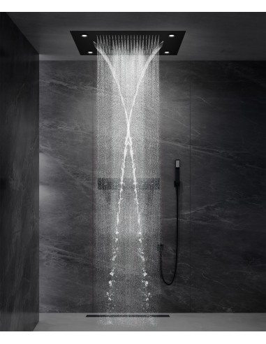 Composition de douche thermostatique avec ciel de pluie LED et chromothérapie - 80x60 cm - Noir