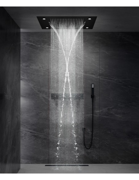Composition de douche thermostatique avec ciel de pluie LED et chromothérapie - 80x60 cm - Noir