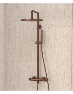 Colonne de douche thermostatique or rose brossé, pommeau pluie et support douchette réglable - Corbeau