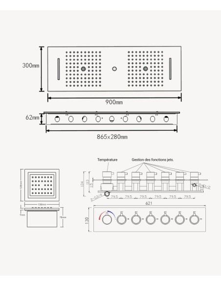 Ensemble douche thermostatique moderne Chromé - Ciel de pluie LED 900x300 mm, 3 jets de corps