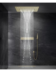 Composition de douche thermostatique avec ciel de pluie LED et chromothérapie - 80x60 cm - Doré brossé