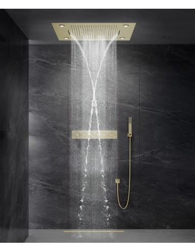 Composition de douche thermostatique avec ciel de pluie LED et chromothérapie - 80x60 cm - Doré brossé