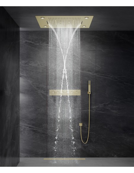 Composition de douche thermostatique avec ciel de pluie LED et chromothérapie - 80x60 cm - Doré brossé