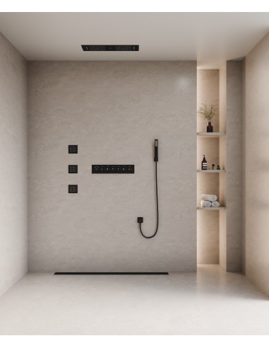 Ensemble douche thermostatique moderne Noir - Ciel de pluie LED 900x300 mm, 3 jets de corps