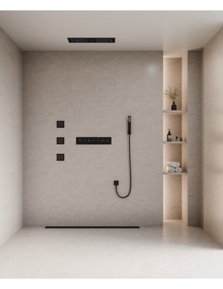 Ensemble douche thermostatique moderne Noir - Ciel de pluie LED 900x300 mm, 3 jets de corps
