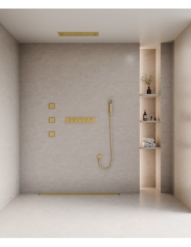 Ensemble douche thermostatique moderne Doré brossé - Ciel de pluie LED 900x300 mm, 3 jets de corps