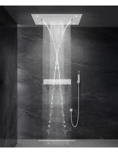 Composition de douche thermostatique avec ciel de pluie LED et chromothérapie - 80x60 cm - Blanc