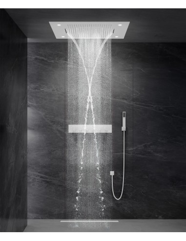 Composition de douche thermostatique avec ciel de pluie LED et chromothérapie - 80x60 cm - Blanc