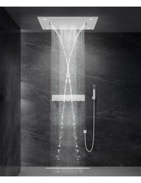 Composition de douche thermostatique avec ciel de pluie LED et chromothérapie - 80x60 cm - Blanc