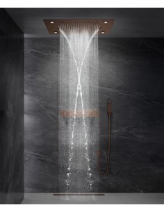 Composition de douche thermostatique avec ciel de pluie LED et chromothérapie - 80x60 cm - Or rose brossé